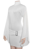 White Sexy Solid Color Patchwork Ruched Turtleneck Wrapped Skirt Dresses