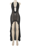 Red Sexy Solid Color Patchwork Backless High Slit Strap Design Halter Irregular Dresses