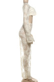 Apricot Sexy Solid Color Patchwork See-Through High Slit O Neck Long Sleeve Two Pieces