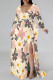 Beige Elegant Flowers Print Lace Up Slit Contrast V Neck Printed Plus Size Dresses