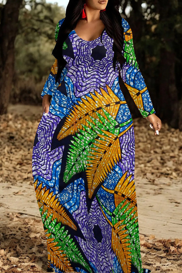 Blue Elegant Print Patchwork O Neck Long Dresses