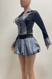 Pink Casual Patchwork Cross Straps Ruched Contrast Turndown Collar Long Sleeve Two Pieces