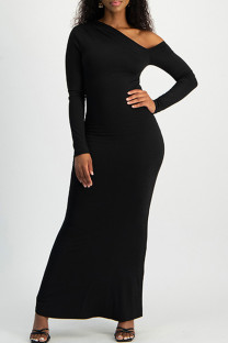 Black Elegant Solid Color Patchwork Oblique Collar Long Dresses