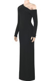 Grey Elegant Solid Color Patchwork Oblique Collar Long Dresses