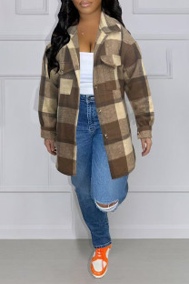 Dark Brown Casual Plaid Pocket Gross Turndown Collar Tops