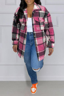 Rose Red Casual Plaid Pocket Gross Turndown Collar Tops