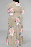 Cream White Elegant Floral Print Lace Up Slit Contrast V Neck Printed Plus Size Dresses