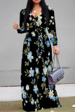 Pink Purple Elegant Flowers Print Lace Up Contrast V Neck Printed Dresses