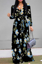 Black Elegant Flowers Print Lace Up Contrast V Neck Printed Dresses