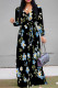 Black Elegant Flowers Print Lace Up Contrast V Neck Printed Dresses