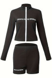 Black Casual Letters Patchwork Zipper Zipper Collar Regular Rompers