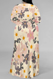 Purple Elegant Flowers Print Lace Up Slit Contrast V Neck Printed Plus Size Dresses