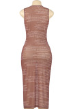 Brown Sexy Letters Patchwork See-Through O Neck Wrapped Skirt Dresses