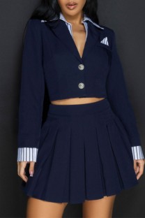 Deep Blue Casual Patchwork Buttons Turndown Collar Long Sleeve Two Pieces