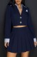 Deep Blue Casual Patchwork Buttons Turndown Collar Long Sleeve Two Pieces