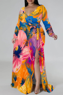 Orange Elegant Flowers Print Lace Up Slit Contrast V Neck Printed Plus Size Dresses