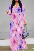 Pink Purple Elegant Flowers Print Lace Up Contrast V Neck Printed Dresses