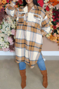Khaki Casual Plaid Pocket Buckle Patchwork Slit Shirt Collar Outerwear