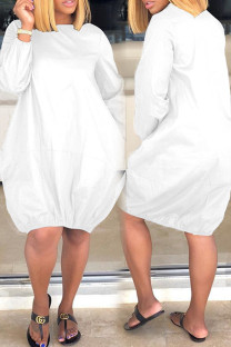White Casual Solid Color Patchwork O Neck Lantern Skirt Dresses