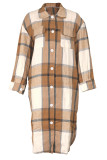 Khaki Casual Plaid Pocket Buckle Patchwork Slit Shirt Collar Outerwear