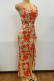 Yellow Elegant Print Patchwork Backless High Slit Spaghetti Strap Sling Dresses