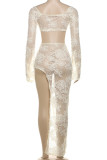 Apricot Sexy Solid Color Patchwork See-Through High Slit O Neck Long Sleeve Two Pieces