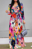 Pink Purple Elegant Flowers Print Lace Up Contrast V Neck Printed Dresses