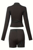 Black Casual Letters Patchwork Zipper Zipper Collar Regular Rompers