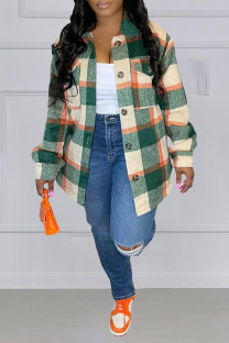 Multicolor Casual Plaid Pocket Gross Turndown Collar Tops