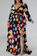 Black Elegant Flowers Print Lace Up Slit Contrast V Neck Printed Plus Size Dresses
