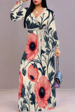 Apricot Blue Elegant Flowers Print Lace Up Contrast V Neck Printed Dresses