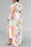 Cream White Elegant Floral Print Lace Up Slit Contrast V Neck Printed Plus Size Dresses