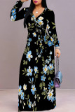 Pink Purple Elegant Flowers Print Lace Up Contrast V Neck Printed Dresses