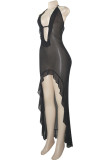 Red Sexy Solid Color Patchwork Backless High Slit Strap Design Halter Irregular Dresses