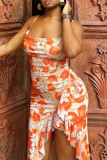 Yellow Elegant Print Patchwork Backless High Slit Spaghetti Strap Sling Dresses