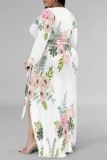 Cream White Elegant Floral Print Lace Up Slit Contrast V Neck Printed Plus Size Dresses