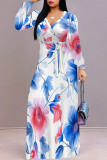 Pink Purple Elegant Flowers Print Lace Up Contrast V Neck Printed Dresses