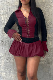 Pink Casual Patchwork Cross Straps Ruched Contrast Turndown Collar Long Sleeve Two Pieces