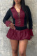 Burgundy Casual Patchwork Cross Straps Ruched Contrast Turndown Collar Long Sleeve Two Pieces