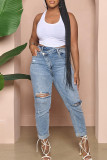 Baby Blue Street Solid Color Ripped Buttons Patchwork Zipper High Waist Regular Denim Jeans