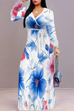 Apricot Blue Elegant Flowers Print Lace Up Contrast V Neck Printed Dresses