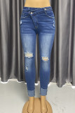 Baby Blue Street Solid Color Ripped Buttons Patchwork Zipper High Waist Regular Denim Jeans