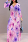 Pink Purple Elegant Flowers Print Lace Up Contrast V Neck Printed Dresses