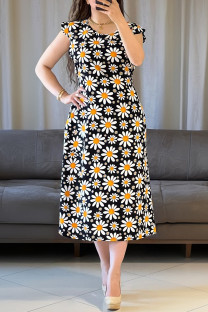 Multicolor Elegant Print Patchwork Strap Design O Neck Long Dresses