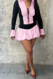 Pink Casual Patchwork Cross Straps Ruched Contrast Turndown Collar Long Sleeve Two Pieces