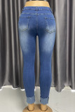 Baby Blue Street Solid Color Ripped Buttons Patchwork Zipper High Waist Regular Denim Jeans
