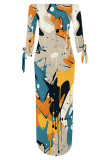 Multicolor Sexy Street Colorblock Print Slit Contrast Off Shoulder Printed Dresses