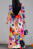 Pink Purple Elegant Flowers Print Lace Up Contrast V Neck Printed Dresses
