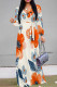 Orange Apricot Elegant Flowers Print Lace Up Contrast V Neck Printed Dresses