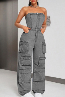 Grey Street Solid Color Pocket Buttons Patchwork Strapless Sleeveless High Waist Loose Denim Jumpsuits